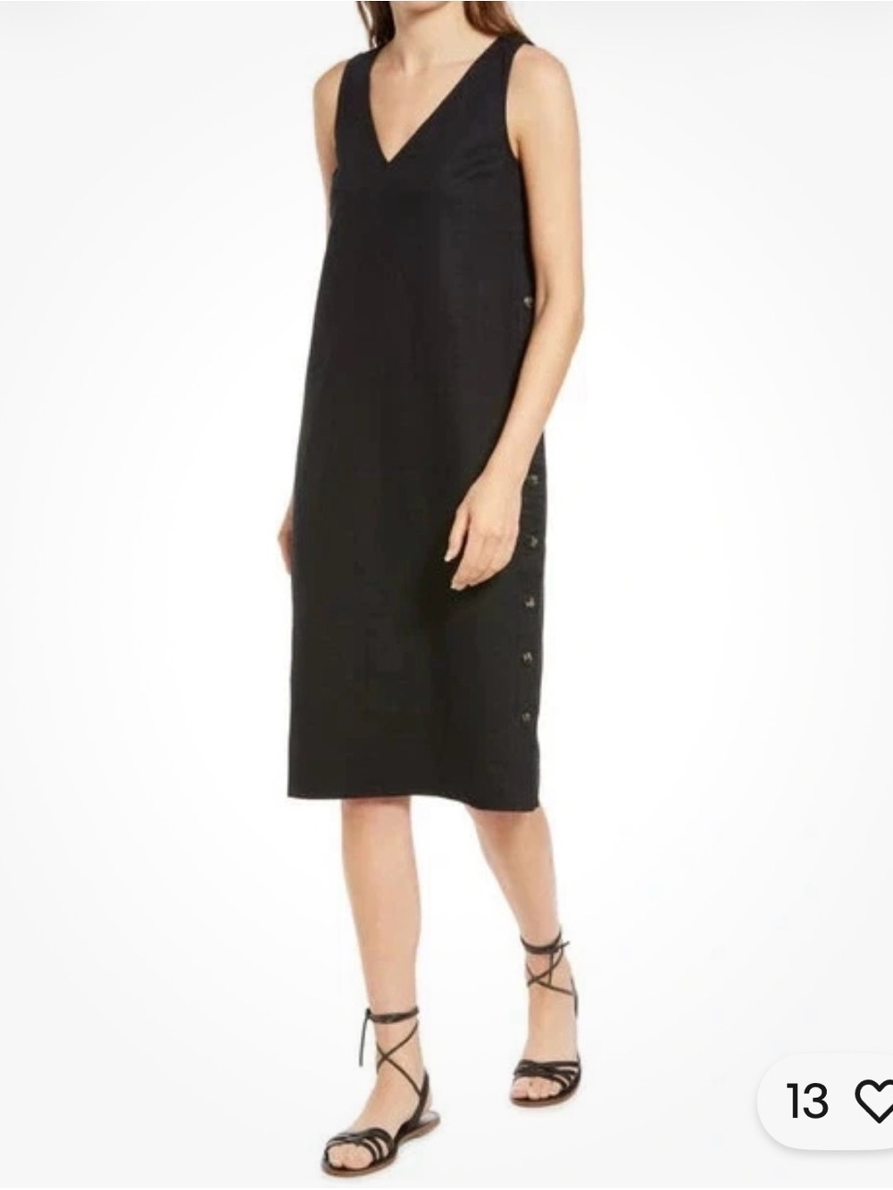 Madewell‎ Linen Cotton V-Neck Midi Dress Sleeveless Button Up Black Size Small